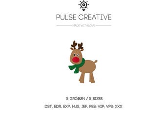 May include: An embroidery design featuring a brown reindeer with a bright red nose and a green scarf. Above the reindeer is the text PULSE CREATIVE and a lightbulb icon. Below are the words 5 SIZES and a list of file formats: DST, EDR, EXP, HUS, JEF, PES, VIP, VP3, XXX.