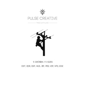 Könnte beinhalten: Schwarze Silhouette eines Arbeiters, der an einem Strommast mit Drähten hochklettert. Das Bild enthält den Text "PULSE CREATIVE" und "MADE WITH LOVE".