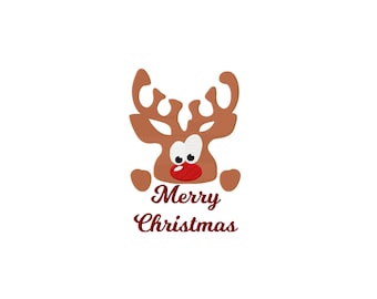May include: An embroidered design of a brown reindeer with large antlers, white eyes, and a bright red nose. The reindeer has two small brown paws visible below its head. Below the reindeer, the text Merry Christmas is stitched in red.