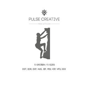 Op de afbeelding: Een silhouet van een persoon die een rotswand beklimt. De afbeelding is in zwart-wit en heeft bovenaan de tekst "PULSE CREATIVE" en "MADE WITH LOVE".