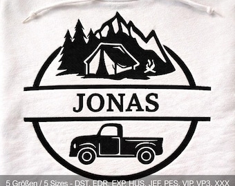 May include: A white hooded sweatshirt featuring a black embroidered circular design. The graphic includes a mountain range, a tent, a campfire, and a pickup truck. The name JONAS is centered in a horizontal bar. Text reads: 5 Sizes - DST, EDR, EXP, HUS, JEF, PES, VIP, VP3, XXX.
