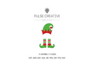May include: A digital graphic featuring a green and red elf hat above a pair of green and red striped elf legs with curled shoes. The text reads PULSE CREATIVE, MADE WITH LOVE, 5 SIZES, and file formats DST, EDR, EXP, HUS, JEF, PES, VIP, VP3, XXX.
