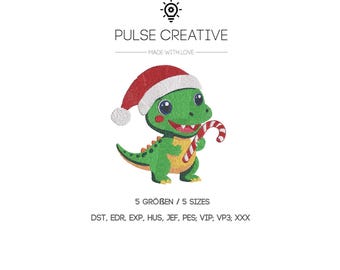 May include: An embroidery design featuring a green dinosaur wearing a red and white Santa hat and holding a red and white candy cane. The text reads PULSE CREATIVE, 5 SIZES, and a list of file formats including DST, EDR, EXP, HUS, JEF, PES, VIP, VP3, XXX.