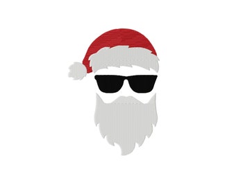 May include: An embroidered design of a Santa Claus face featuring a red hat with a white pom-pom and trim, black sunglasses, and a white beard. The embroidery shows visible stitching patterns throughout the red, white, and black colored areas.