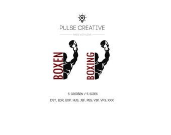 Diseño de bordado con motivo de boxeo: silueta de boxeador musculoso con letras. Patrón de bordado deportivo para hombre. Archivo digital de bordado deportivo.