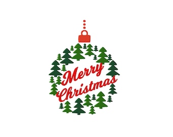 May include: An embroidered design of a Christmas ornament shape formed by various dark and light green pine trees. The text Merry Christmas is stitched in red across the center, with a red ornament cap and hanger loop at the top.