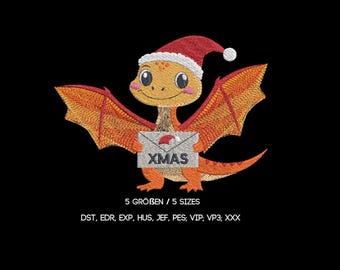 May include: An embroidered design of a light orange dragon wearing a red and white Santa hat, holding a gray envelope labeled XMAS. Below the dragon, the text reads 5 GRÖßEN / 5 SIZES and a list of file formats: DST, EDR, EXP, HUS, JEF, PES, VIP, VP3, XXX.