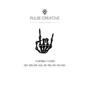 May include: A black embroidery design featuring a skeleton hand making a rock and roll gesture. The text reads PULSE CREATIVE, MADE WITH LOVE, 5 GRÖBEN / 5 SIZES, and a list of file formats including DST, EDR, EXP, HUS, JEF, PES, VIP, VP3, and XXX.