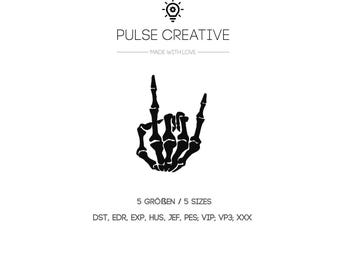 May include: A black embroidery design featuring a skeleton hand making a rock and roll gesture. The text reads PULSE CREATIVE, MADE WITH LOVE, 5 GRÖBEN / 5 SIZES, and a list of file formats including DST, EDR, EXP, HUS, JEF, PES, VIP, VP3, and XXX.