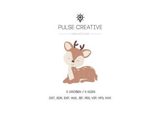 May include: A digital embroidery design featuring a brown fawn with white spots and small antlers. The text reads PULSE CREATIVE MADE WITH LOVE, 5 SIZES, and a list of file formats including DST, EDR, EXP, HUS, JEF, PES, VIP, VP3, and XXX.
