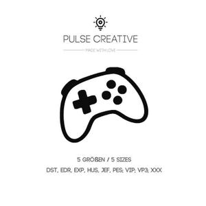 May include: A black and white graphic design featuring a game controller icon, the text PULSE CREATIVE, MADE WITH LOVE, 5 SIZES, and a list of file formats including DST, EDR, EXP, HUS, JEF, PES, VIP, VP3, and XXX on a plain white background.