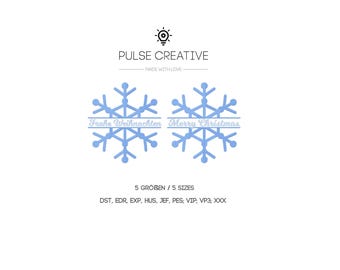 May include: Two light blue snowflake embroidery designs featuring a horizontal bar across the center. One snowflake displays the text Frohe Weihnachten and the other Merry Christmas. The image includes the text PULSE CREATIVE, 5 SIZES, and file formats.