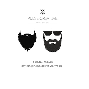 May include: Two black and white silhouette images of a man's face with a beard. The first image is of a beard only, the second image is of a beard and sunglasses. The text below the images reads "5 GROBEN / 5 SIZES" and "DST, EDR, EXP, HUS, JEF, PES, VIP, VP3, XXX".