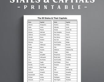 States and Capitals Chart, Printable US Geography Reference, All 50 States Poster, Classroom and Homeschool Print