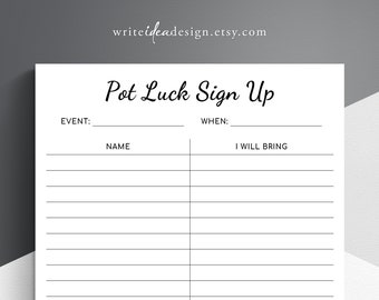 Minimalist Printable Potluck Sign-Up Sheet. Easy to Print and Use. Pot Luck Sign Up Sheet.