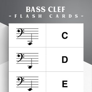Afdrukbare muzieknoot-flashkaarten. Bassleutel. Muziek leren lezen. Bandoefening voor beginners.