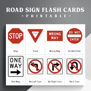 Afdrukbare verkeersbord-flashkaarten. Set van 80. Verkeersbord-flitskaarten. Chauffeurs testen flashkaarten.