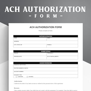 ACH Authorization Form Template - Debit Authorization for Payment - Microsoft Word, Google Docs, Printable PDF