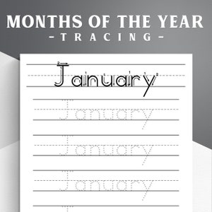 Printable Months of the Year Tracing Worksheets. Kids Handwriting Practice.
