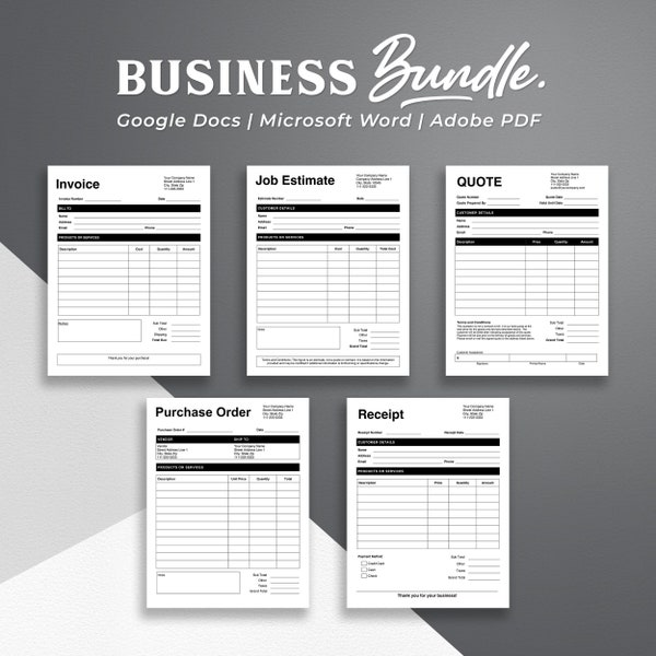 Pacchetto modello aziendale. PDF/Documenti Google/Word. Fattura. Stima del lavoro. Ordinazione d'acquisto. Citazione. Modello di ricevuta.