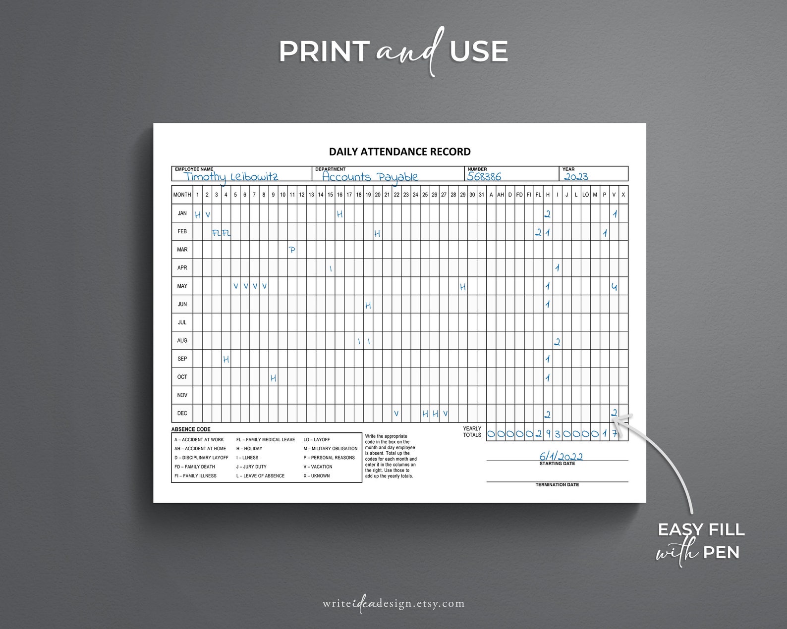 Employee Attendance Tracker: Printable Absence Log (PDF) - Etsy