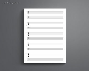 Puede incluir: Cinco pentagramas de música en blanco con claves de sol. Cada pentagrama tiene cinco líneas y cuatro espacios.