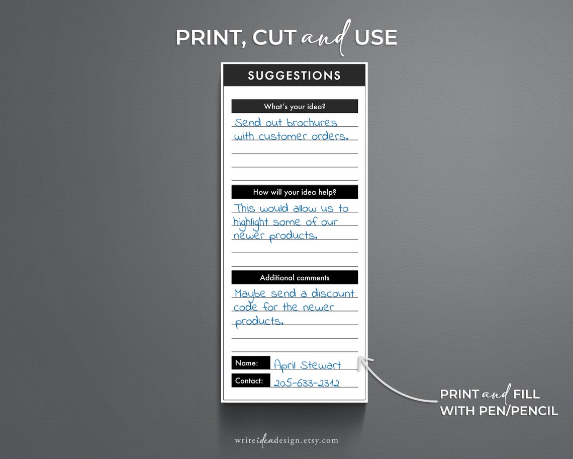 Printable Employee Suggestion Card. Suggestion Form. Employee Etsy