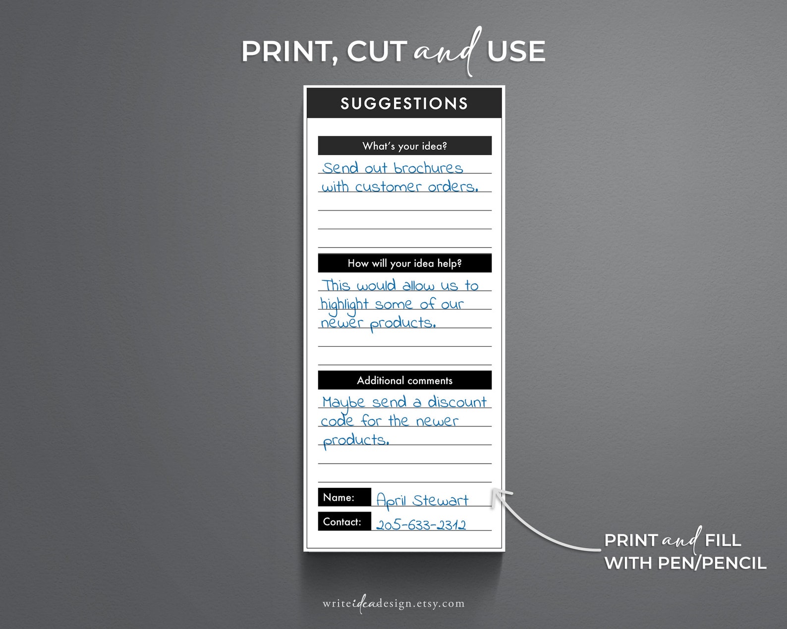 Printable Employee Suggestion Card. Suggestion Form. Employee Etsy