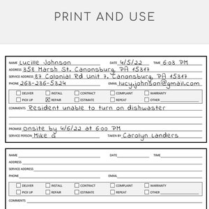 Service Call Log. Printable Service Tracker. Maintenance Call - Etsy