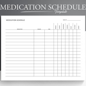 Könnte beinhalten: Eine weiße Medikamentenplan-Vorlage mit Rasterlayout zur Verfolgung von Medikamentendetails. Der obere Teil der Seite zeigt den Titel "MEDICATION SCHEDULE Template". Das Raster enthält Spalten für Medikamente, Dosierung, Zeit und Wochentage.