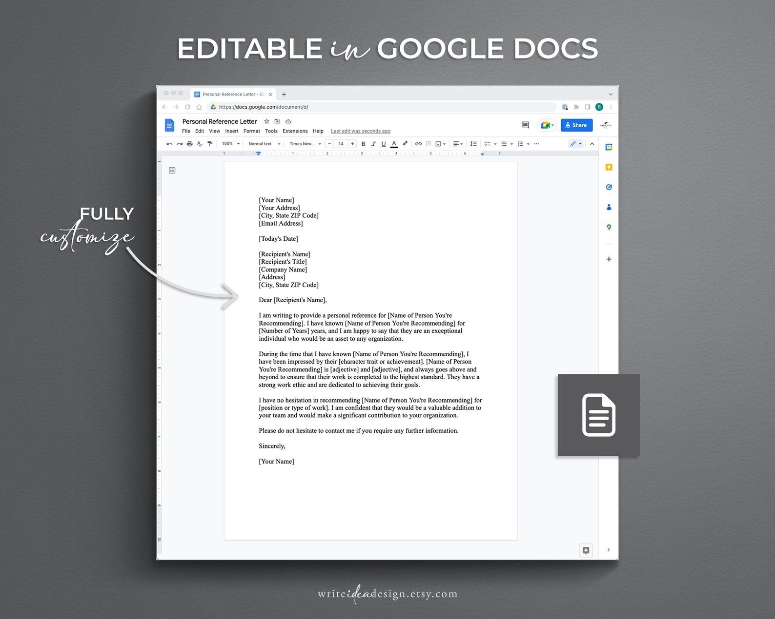 Personal Reference Letter Template. Google Docs/microsoft - Etsy