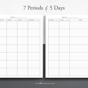 May include: A two-page printable lesson planner template with the text 7 Periods & 5 Days at the top. Each page features a grid layout with columns for subjects, days of the week from Monday to Friday, date lines, and a section for notes.
