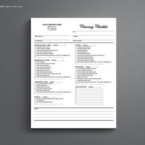 May include: A black and white cleaning checklist template with the title "Cleaning Checklist". The checklist includes sections for reception area, breakroom kitchen, conference room, monthly, offices, restrooms, and other services. Each section has a list of tasks to be completed, such as sweeping floors, dusting furniture, and emptying trash.