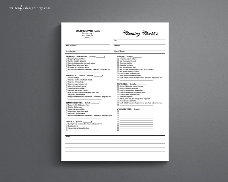 May include: A black and white cleaning checklist template with the title "Cleaning Checklist". The checklist includes sections for reception area, breakroom kitchen, conference room, monthly, offices, restrooms, and other services. Each section has a list of tasks to be completed, such as sweeping floors, dusting furniture, and emptying trash.
