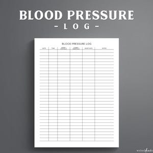 Può includere: Un foglio di registro della pressione sanguigna in carta bianca con testo e linee della griglia neri. L'intestazione recita BLOOD PRESSURE LOG, con colonne per Date, Time, Upper/Systolic, Lower/Diastolic, Heart Rate e Notes su sfondo grigio scuro.