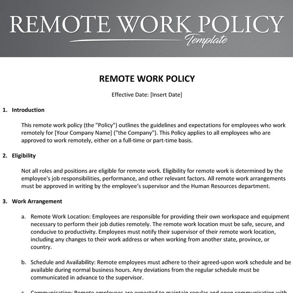 Remote Work Policy Template. Editable Microsoft Word & Google Docs. Work From Home Policy. Remote Work Policy Example.