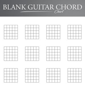Grafico stampabile degli accordi vuoti per chitarra. Diagrammi di accordi di chitarra vuoti. Carta per linguette per chitarra. Tabella degli accordi di chitarra.