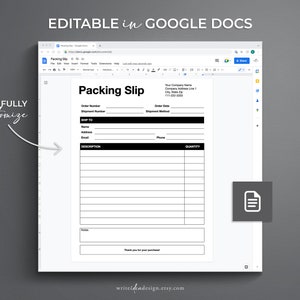 K&ouml;nnte beinhalten: Eine schwarz-wei&szlig;e Packliste-Vorlage f&uuml;r Google Docs. Die Vorlage enth&auml;lt Felder f&uuml;r Bestellnummer, Sendungsnummer, Bestelldatum, Versandart, Versand an Name, Adresse, E-Mail, Telefon, Beschreibung und Menge. Die Vorlage enth&auml;lt auch einen Notizbereich und eine Dankesnachricht f&uuml;r Ihren Kauf.