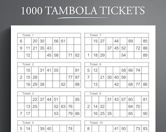 Lot imprimable de 1 000 billets pour le Tambola. 12 billets par page. 84 pages. Billet Houseie. Bingo indien.