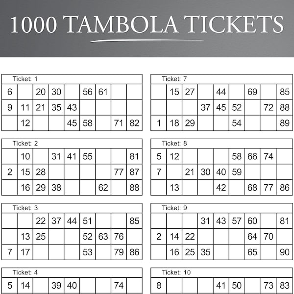 Printable Set of 1,000 Tambola Tickets. 12 Tickets Per Page. 84 Pages. Housie Ticket. Indian Bingo.