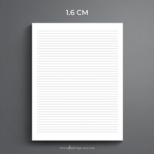 May include: A blank white sheet of paper with 1.6 cm spaced lines. The paper is suitable for writing or drawing.