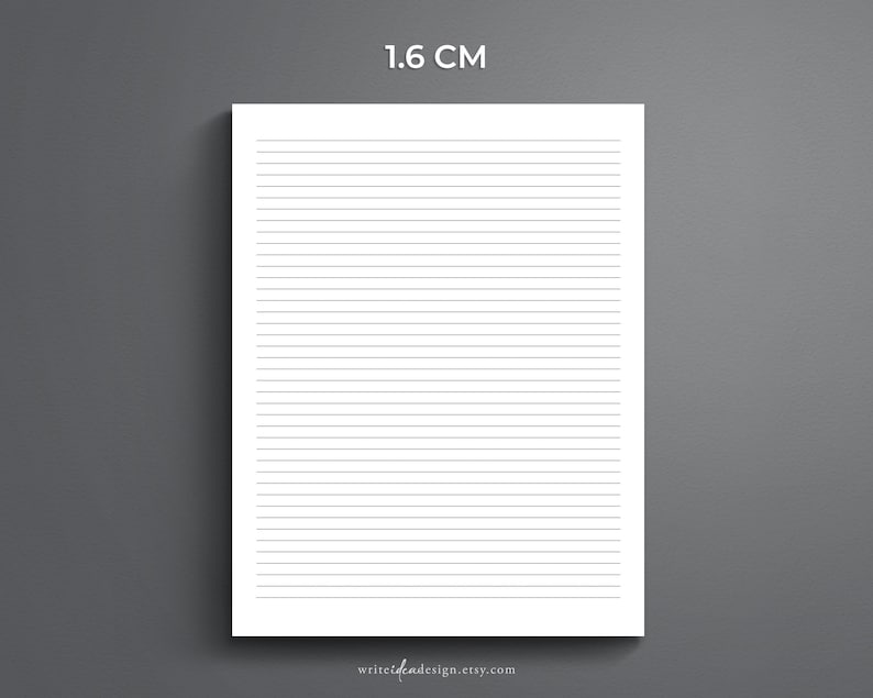 May include: A blank white sheet of paper with 1.6 cm spaced lines. The paper is suitable for writing or drawing.