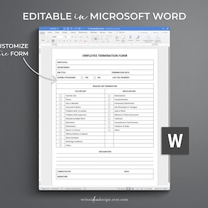 May include: A black and white employee termination form template, editable in Microsoft Word. The form includes sections for employee information, termination date, last day worked, reason for termination, and explanation. The form is customizable and can be used for various reasons for termination, including voluntary and involuntary reasons.