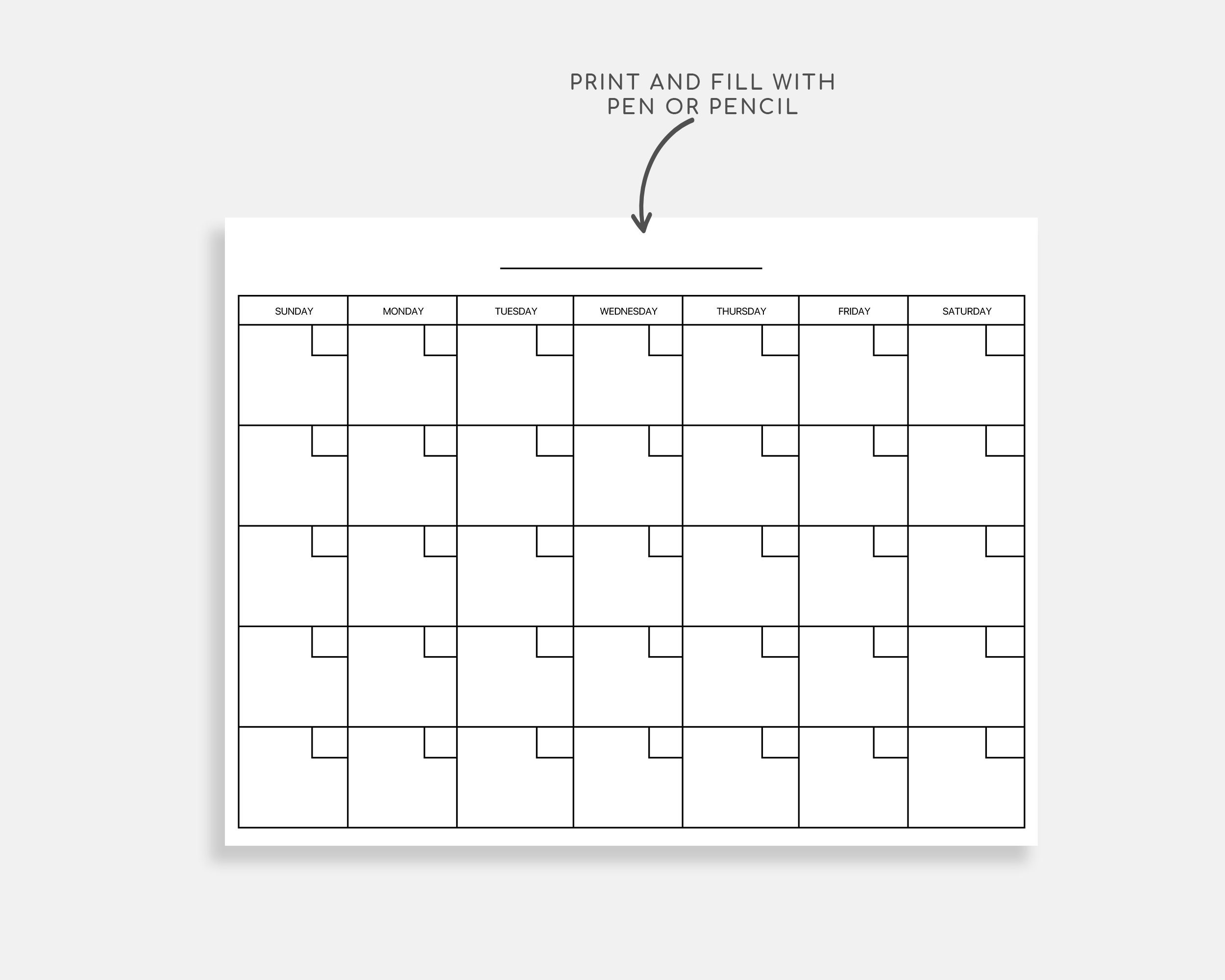 Blank Monthly Calendar Printable Calendar Digital Calendar Etsy UK