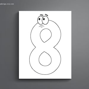 Puede incluir: Un dibujo en blanco y negro de la l&iacute;nea del n&uacute;mero ocho con una cara de dibujos animados. El n&uacute;mero ocho tiene ojos grandes y una boca peque&ntilde;a.