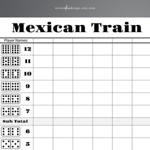 Tarjeta de puntuación del tren mexicano. Hoja de puntuación de dominó. Hoja de Puntuación del Tren Mexicano. Juego de dominó. Almohadilla de puntuación de dominó.