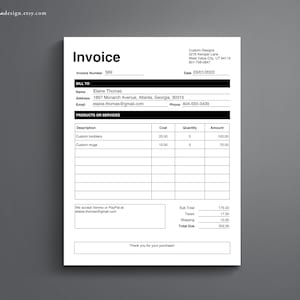 May include: A black and white invoice with the text "Invoice" at the top. The invoice is for custom tumblers and mugs. The invoice number is 509 and the date is 03/01/2022. The invoice is for Elaine Thomas, who can be reached at elaine.thomas@gmail.com. The total due is &pound;202.50.