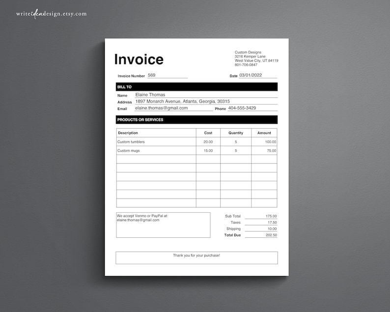May include: A black and white invoice with the text "Invoice" at the top. The invoice is for custom tumblers and mugs. The invoice number is 509 and the date is 03/01/2022. The invoice is for Elaine Thomas, who can be reached at elaine.thomas@gmail.com. The total due is &pound;202.50.