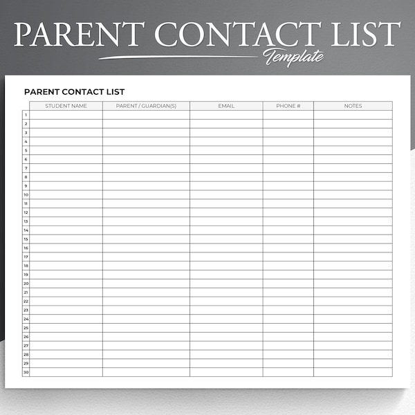 Parent Contact List. Excel/GoogleSheets/Printable PDF. Parent Contact Sheet. Student Contact Sheet. Parent Contact Form.