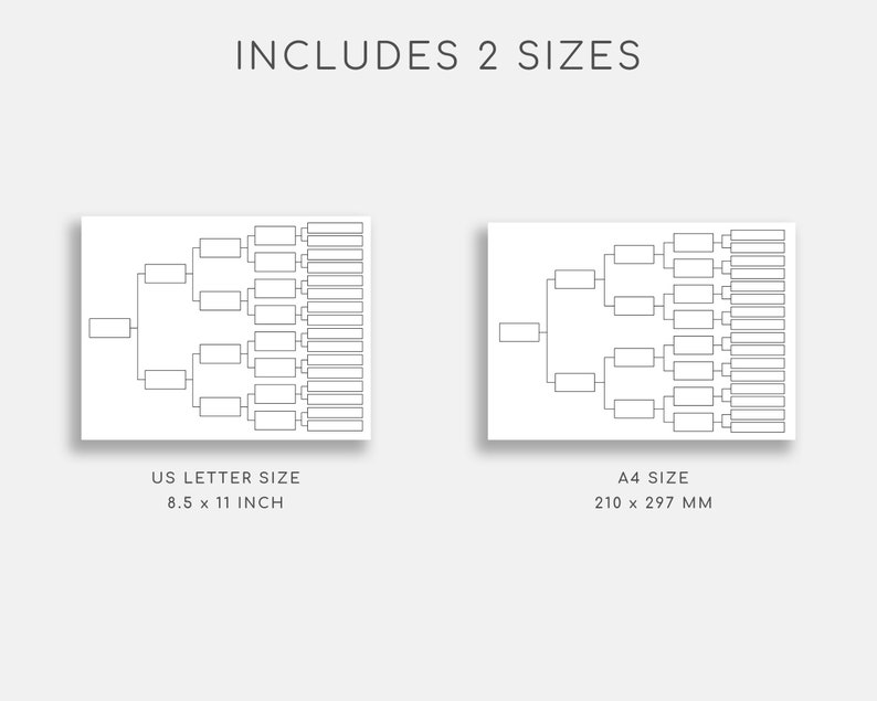 May include: Two blank tournament brackets, one in US Letter size (8.5 x 11 inches) and one in A4 size (210 x 297 mm).